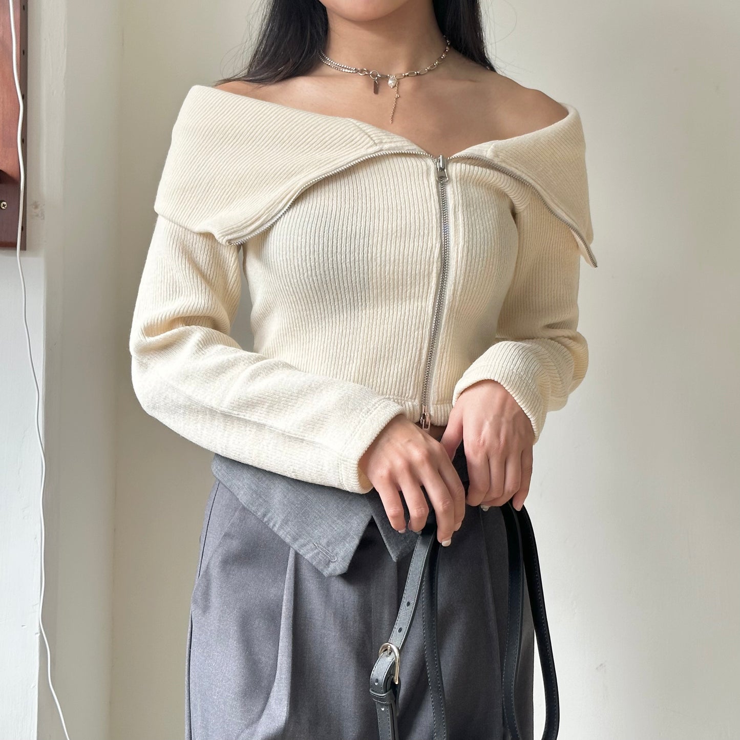 大反領雙拉鏈 OFF SHOULDER KNITTED TOP [推介!!]