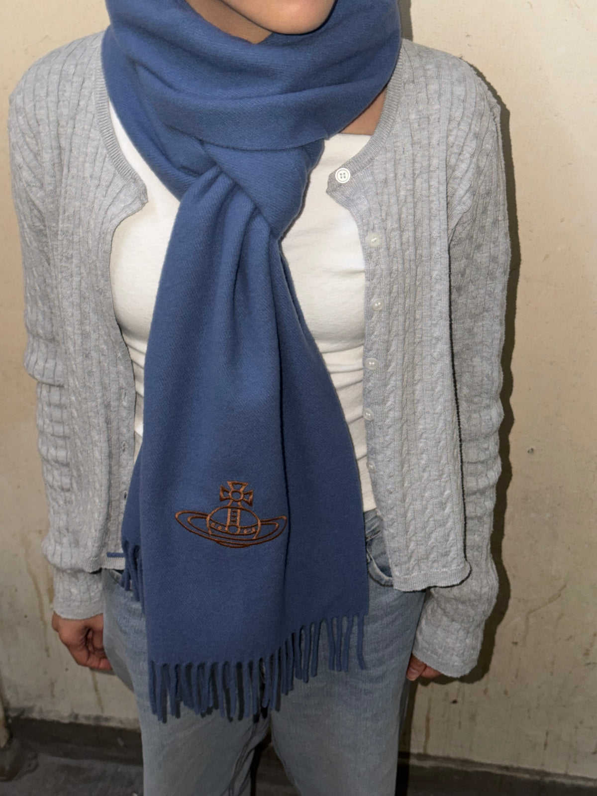 Vivienne Westwood Embroidered Orb Scarf (100% wool) [絕美霧灰藍]