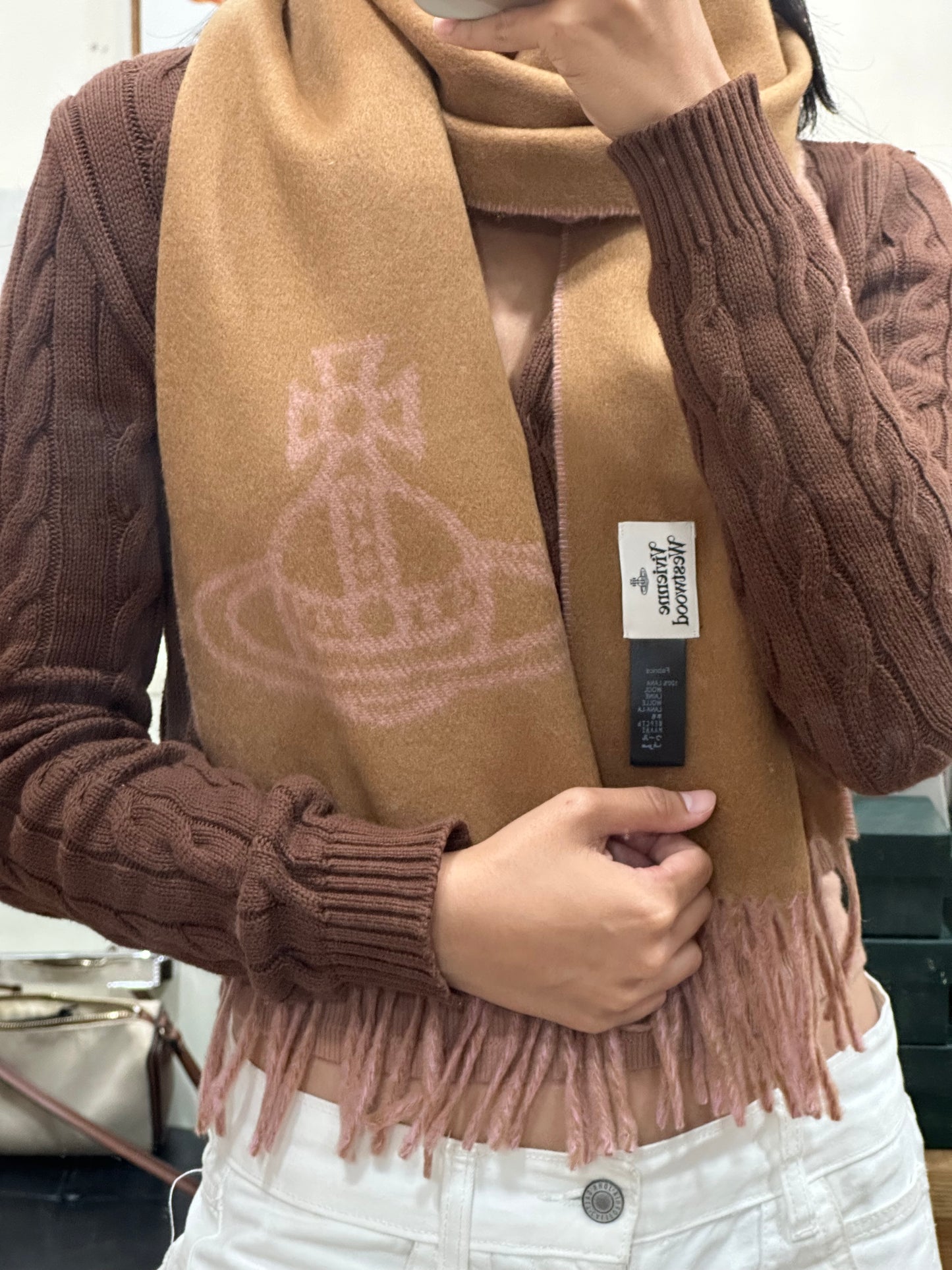 Vivienne Westwood Double ORB Logo Scarf (100% wool) 粉紅焦糖雙面 [日本版 意大利製!]