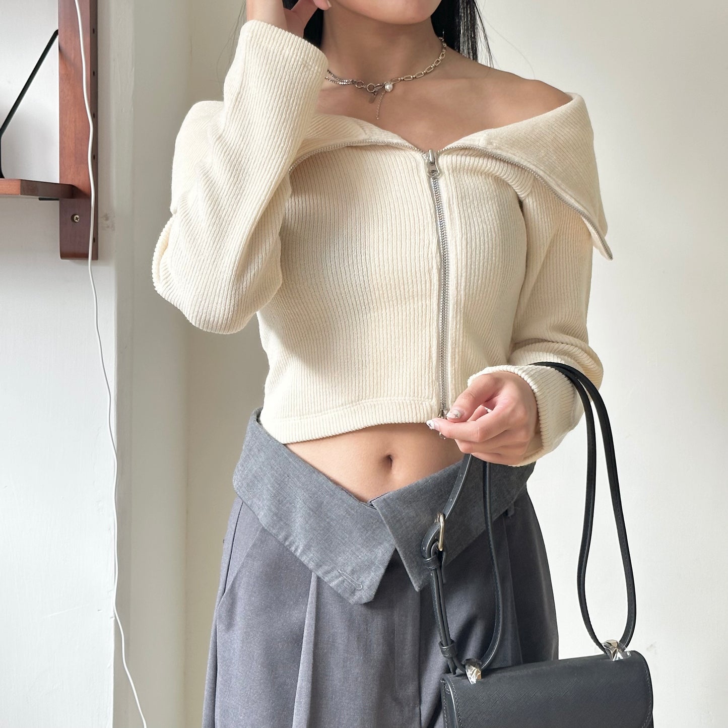 大反領雙拉鏈 OFF SHOULDER KNITTED TOP [推介!!]