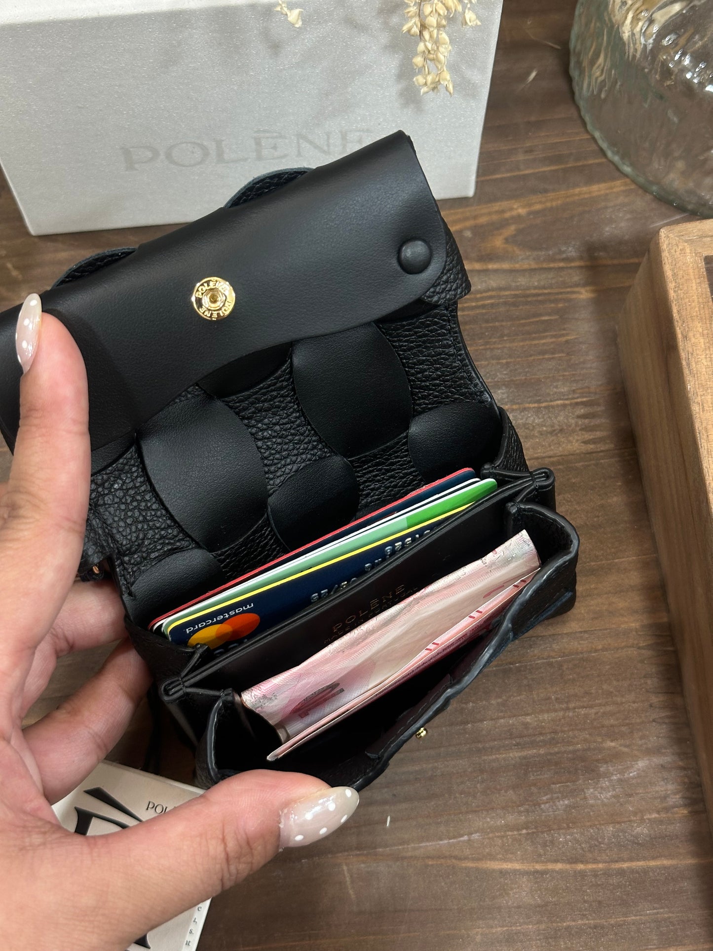 POLENE Neiti Cardholder 柔軟牛皮編織格 [最新卡套上架! 高級感滿分 配有匙扣可掛袋!]