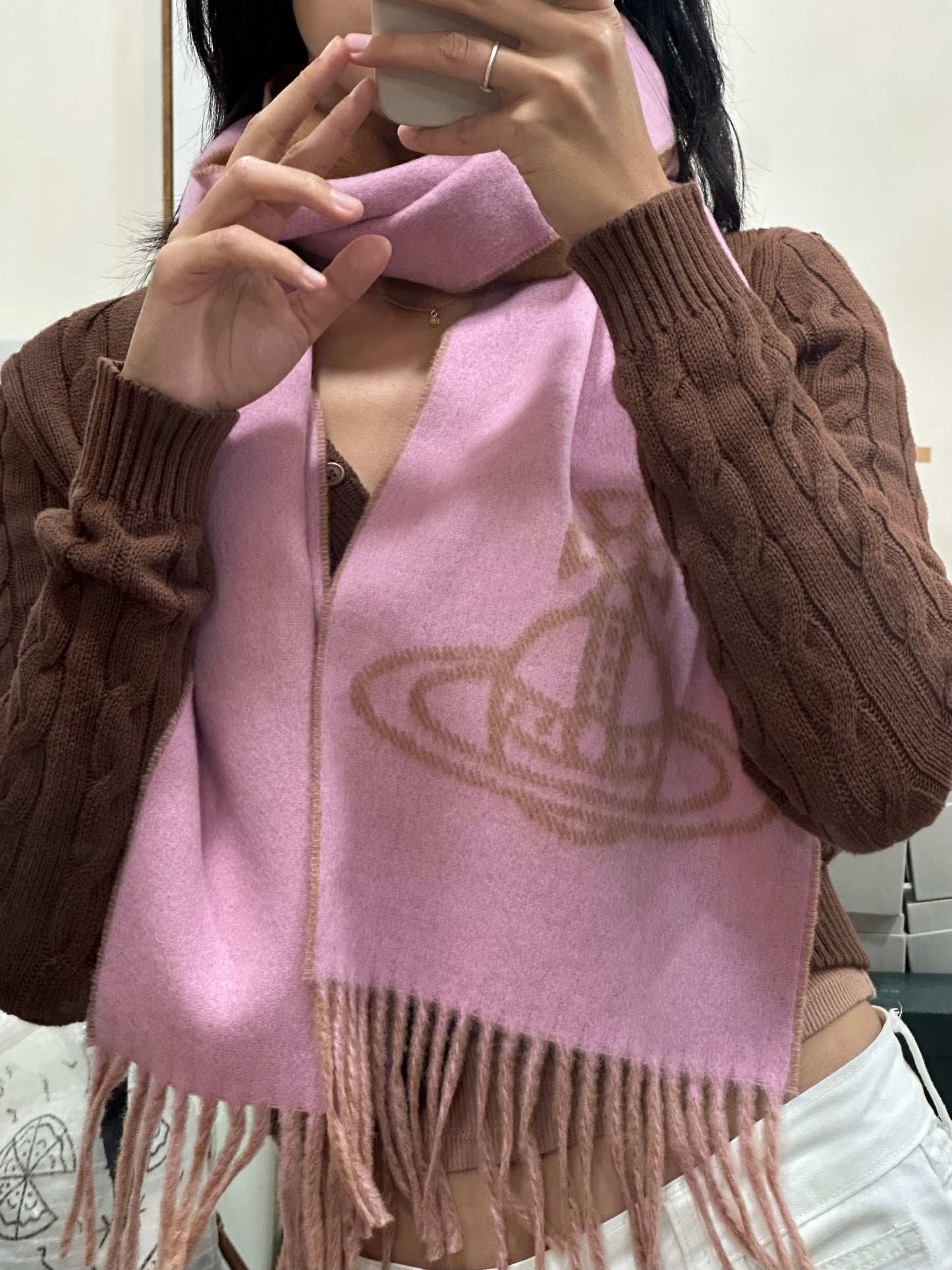 Vivienne Westwood Double ORB Logo Scarf (100% wool) 粉紅焦糖雙面 [日本版 意大利製!]