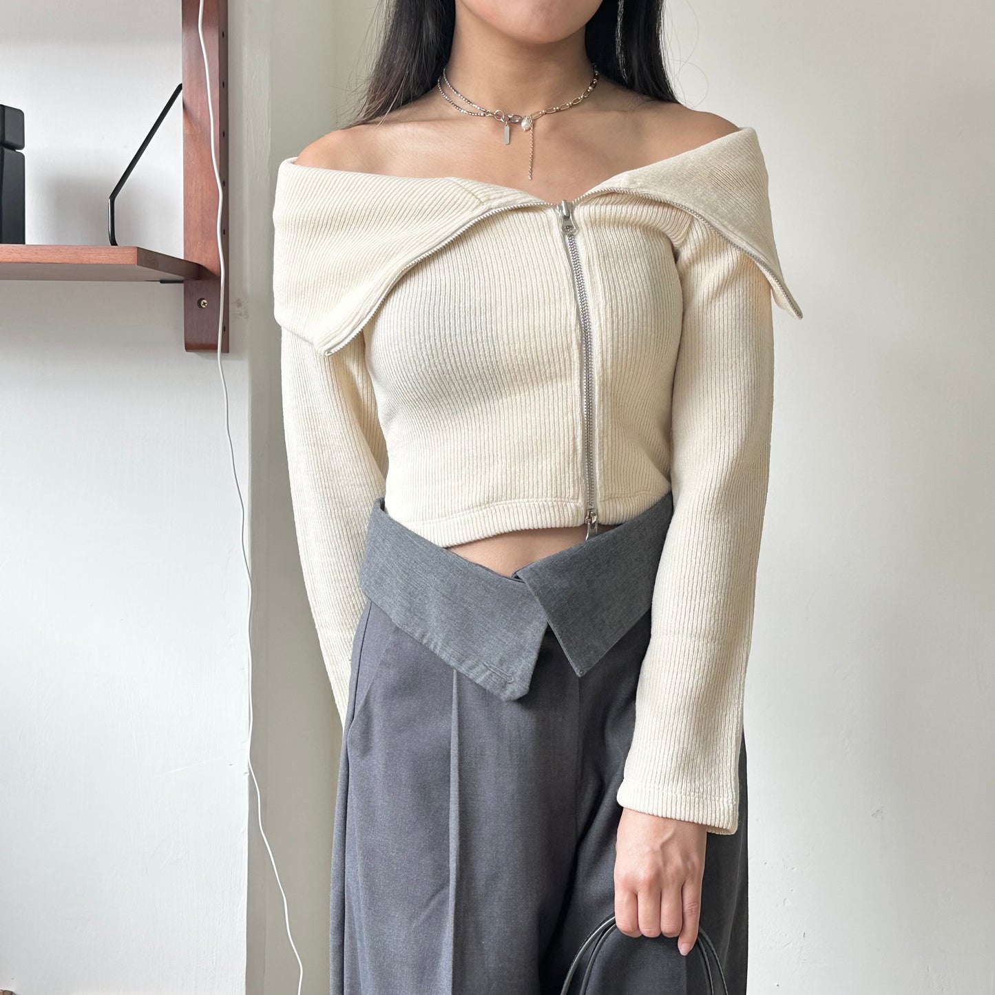 大反領雙拉鏈 OFF SHOULDER KNITTED TOP [推介!!]