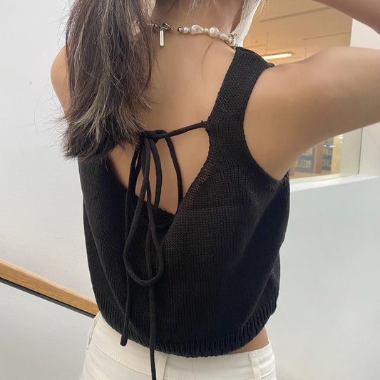 針織小露背綁繩背心 深啡  [門市搬遷清貨限時優惠$99!]