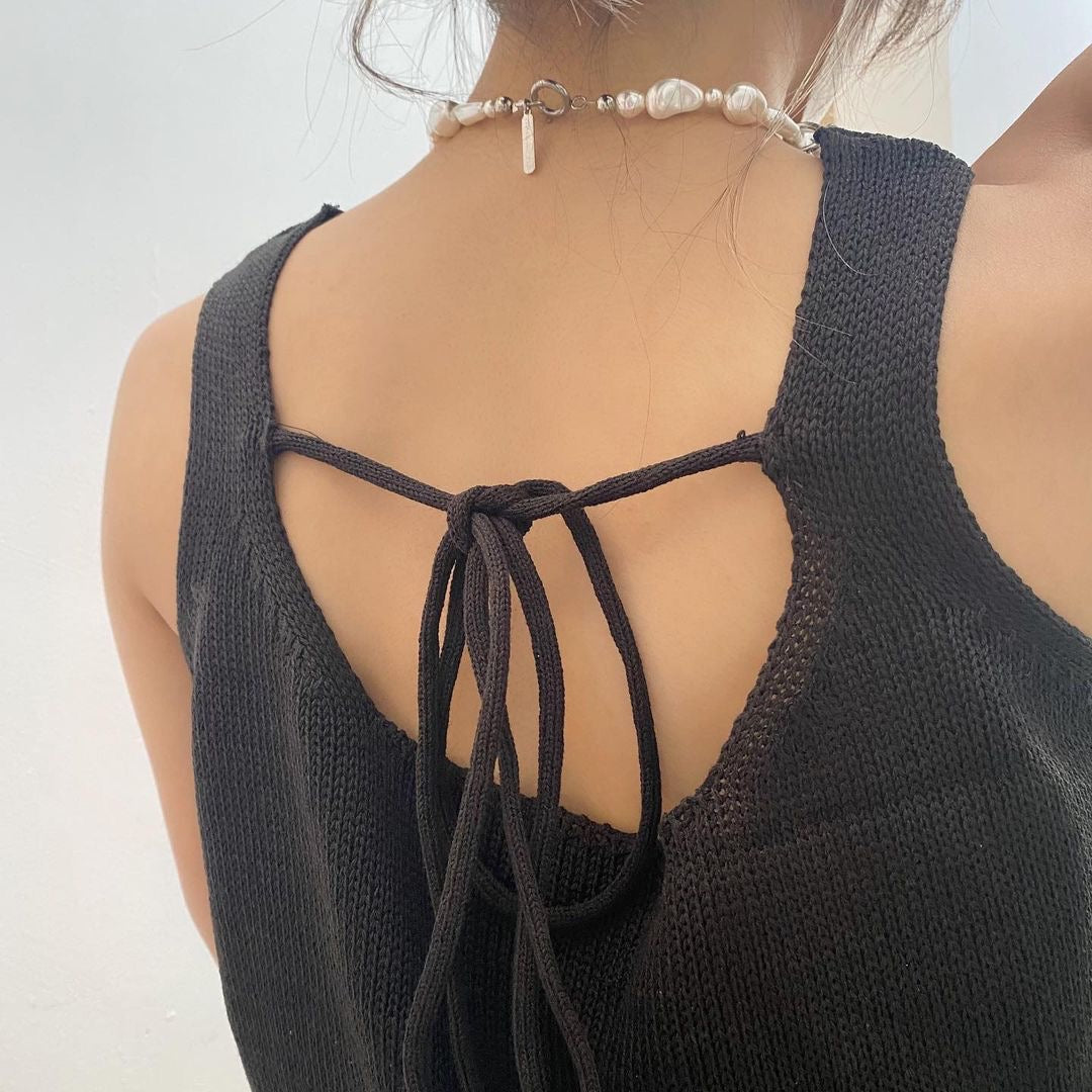 針織小露背綁繩背心 深啡  [門市搬遷清貨限時優惠$99!]